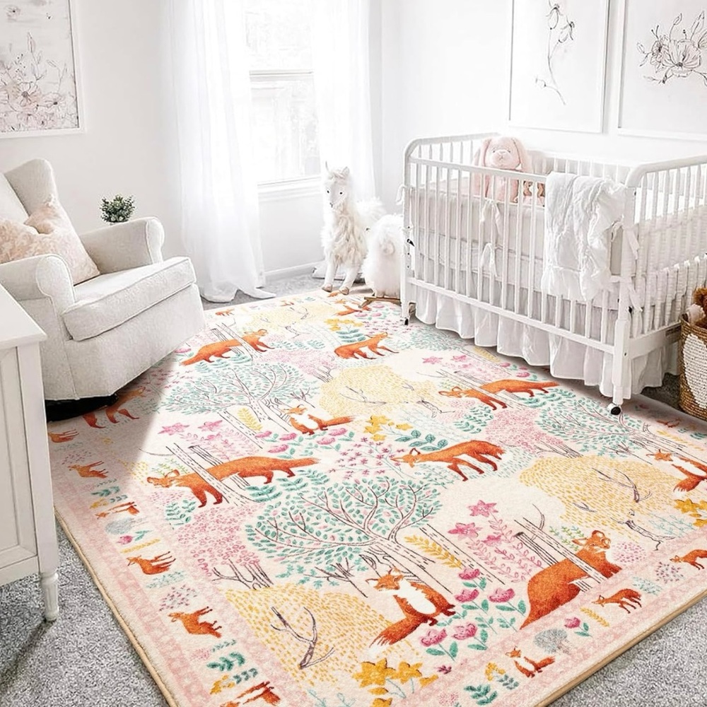 Nursery Washable Woodland Critter Rug 4x6 NWT